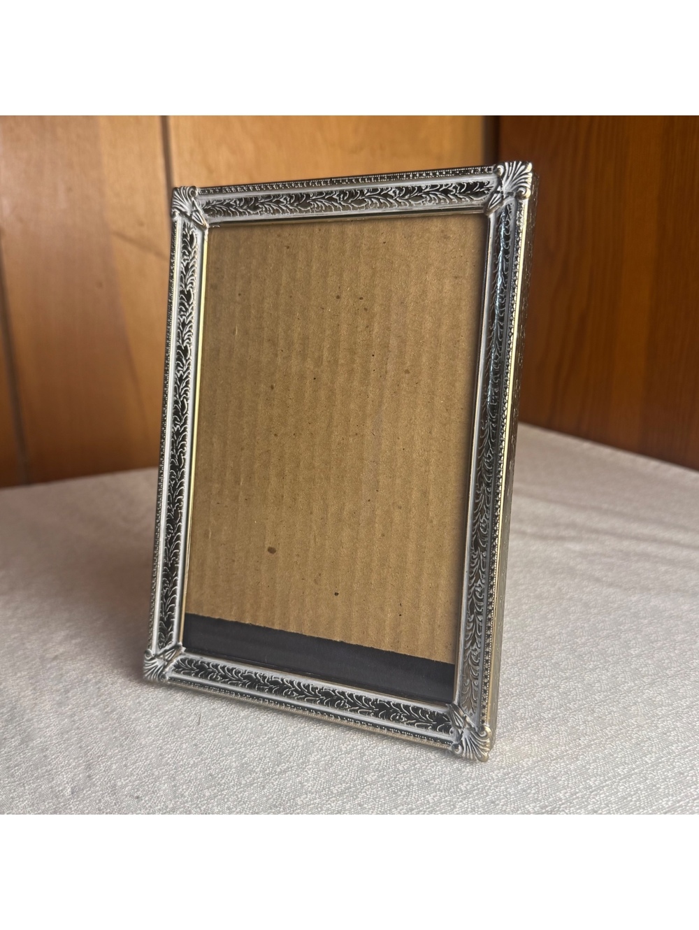 Vintage Silver & Gold Tone 5x7 Picture Frame Ornate Etched Metal with Patina - Picture 2 of 7